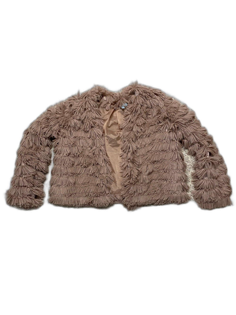 Shaggy Fringe Faux Fur Jacket – Festive Holiday Party Dressy, Vintage Glam M